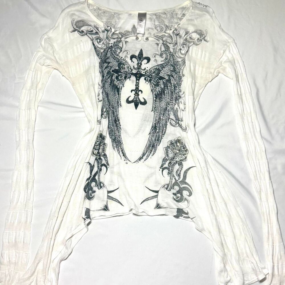 Insane Vintage Y2K Gothic Wing & Rhinestone Cross Burnout Long Sleeve